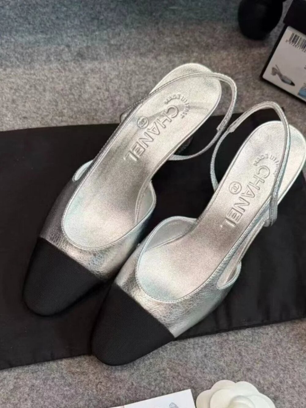 Chanel Style Silver Two Tone Cap Toe Slingback Heels
